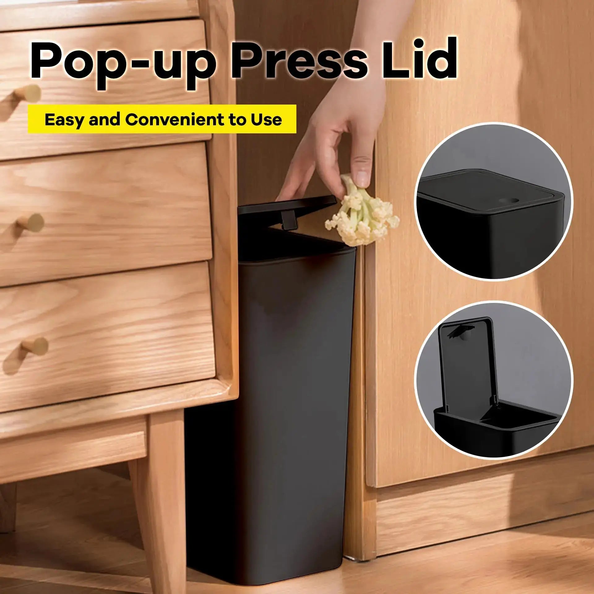 Bathroom trash can, 10L, black plastic with pop-up lid by Simples Market.