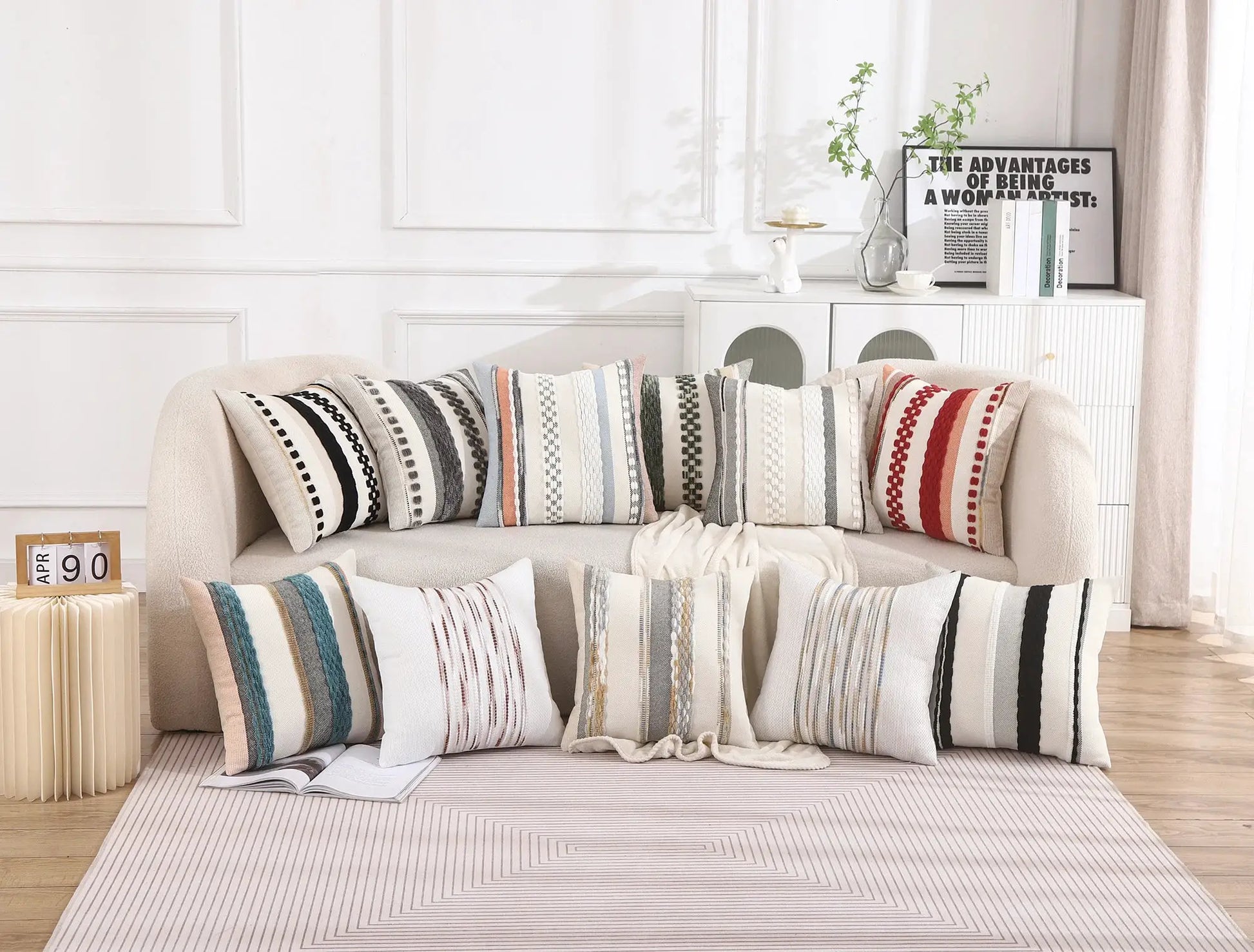 Boho striped 18x18 inch chenille pillow cover for decorative square cushion (1pc, Simples Market)