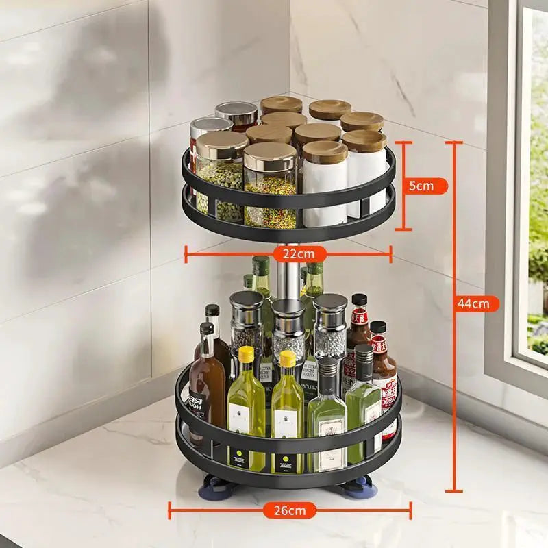 Simples Market rotating storage rack, two-tier black metal frame for spices on top and bottles on bottom; 44 cm tall, 26 cm base.