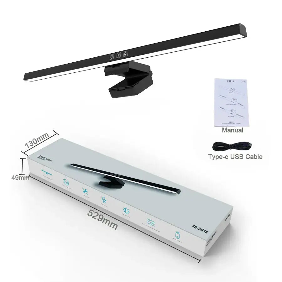 Simples Market 50cm monitor light bar with stepless dimming, black USB desk lamp; includes manual and USB-C cable