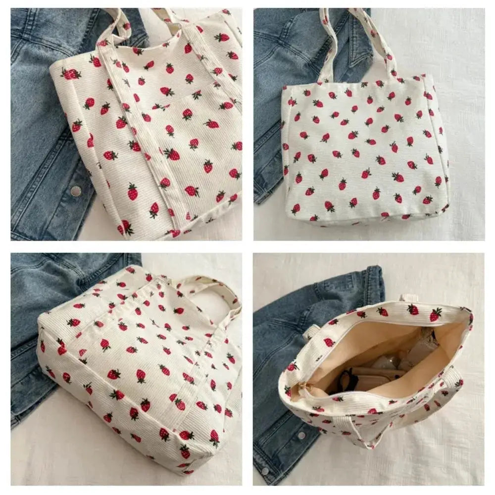 BerryCo Corduroy Strawberry Bucket Tote Bag Durable Canvas Daily Commute Large Capacity