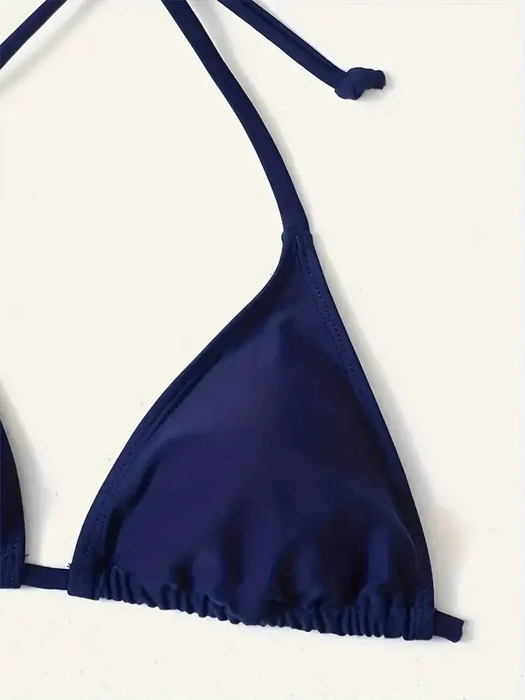 Triangle bikini top by Simples Market in navy blue with tie straps