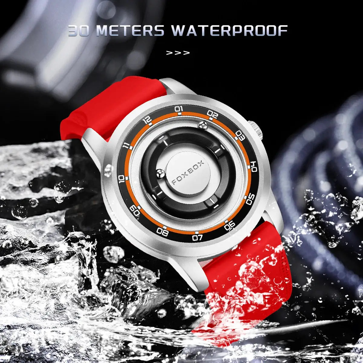 FOXBOX watch with red strap, silver case and orange-black bezel, 30m waterproof