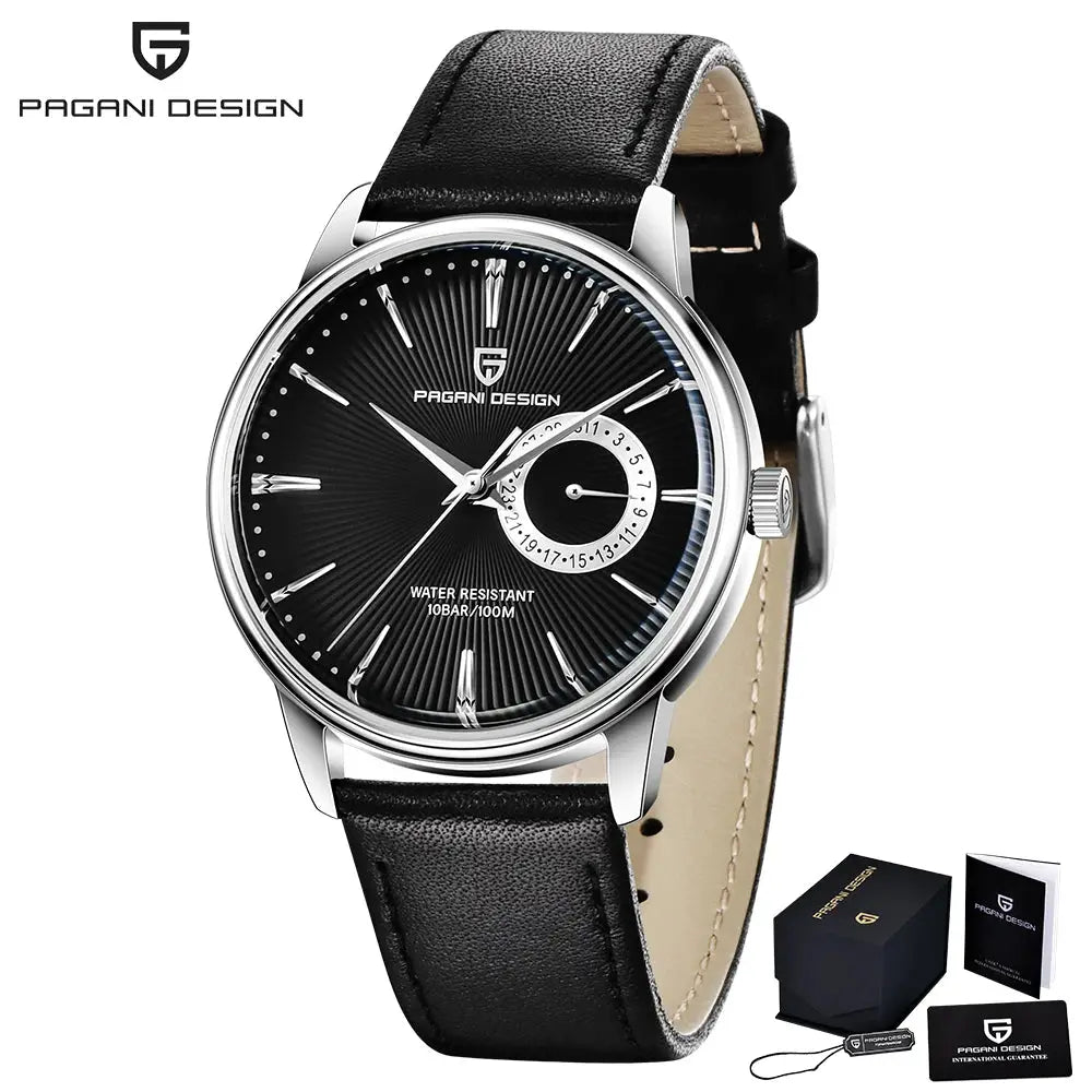 Pagani Design 1654 men's watch; stainless steel case, black dial, black leather strap, 10BAR/100M water resistant