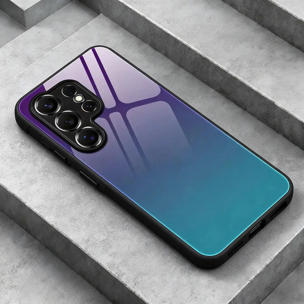 Gradient tempered-glass phone case from Simples Market in purple-to-teal with black bumper for Galaxy S26 Ultra/S26 Plus.