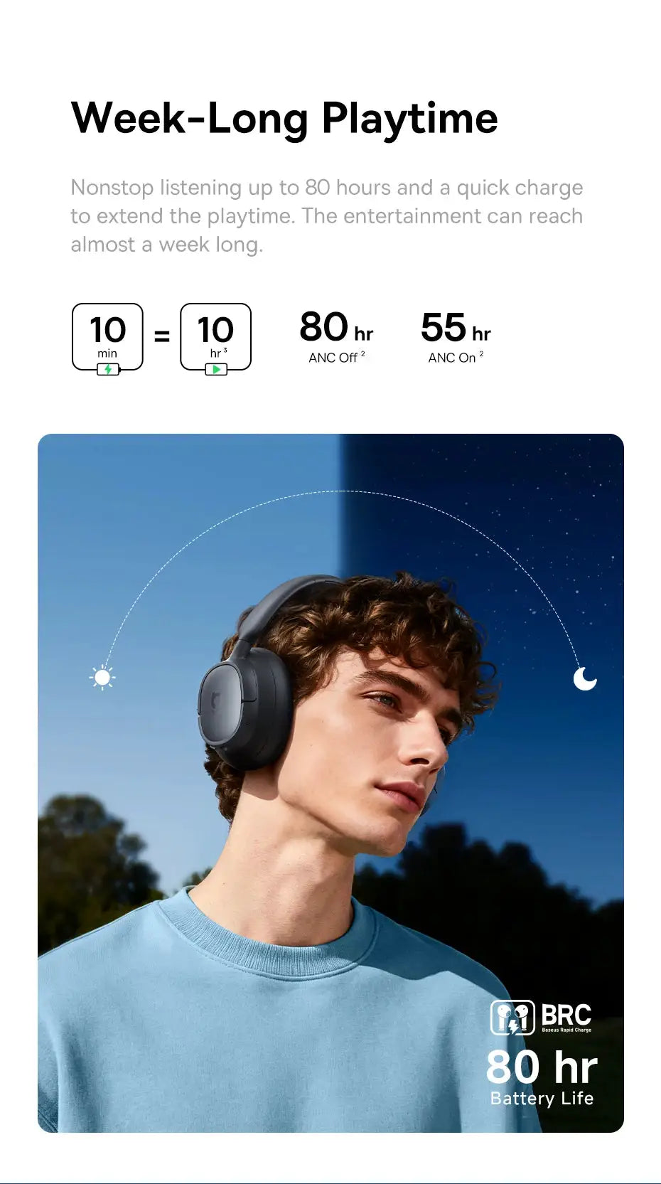 Baseus Bass EH10 NC wireless over-ear headphones in black worn by man outdoors