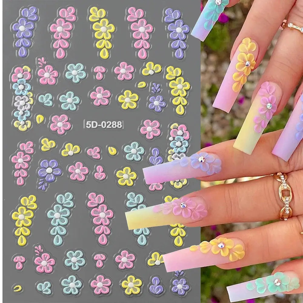 Simples Market 5D nail charms sheet with pastel flower decals for adhesive manicure decor