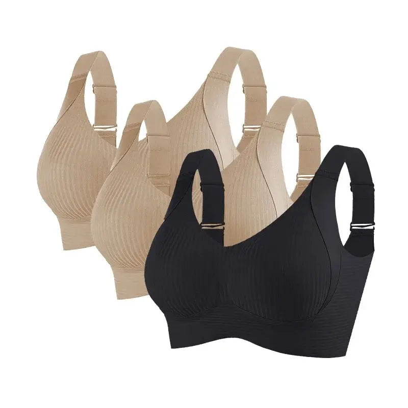 Simples Market 3-pack non-wire ribbed lift bras, seamless V-neck bralettes in nude x2 and black, plus sizes M-4XL