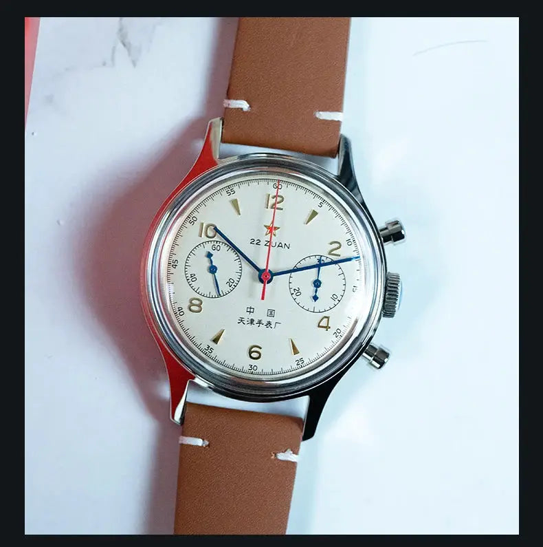 Seagull 1963 International Edition men's mechanical chronograph watch on brown leather strap with stainless steel case
