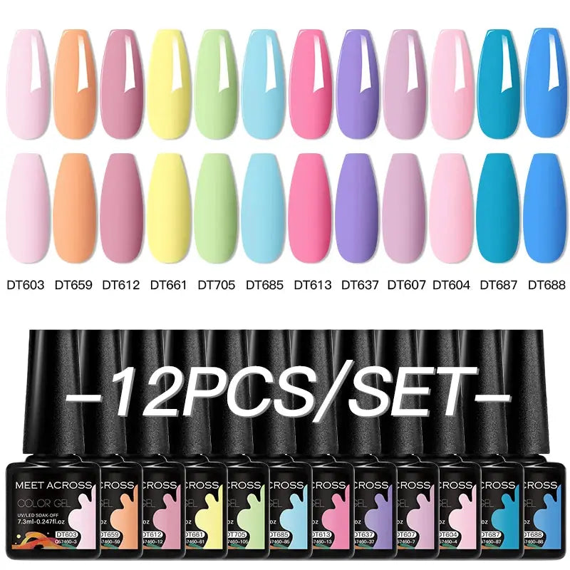 Meet Across 12-piece gel nail polish set in pastel and blue shades by Simples Market for semi-permanent manicure