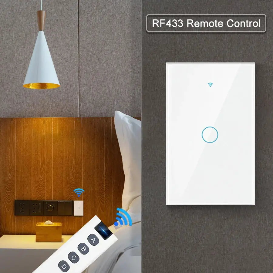 RF433 US WiFi smart wall switch and remote in white with LED ring, two-device set Simples Market