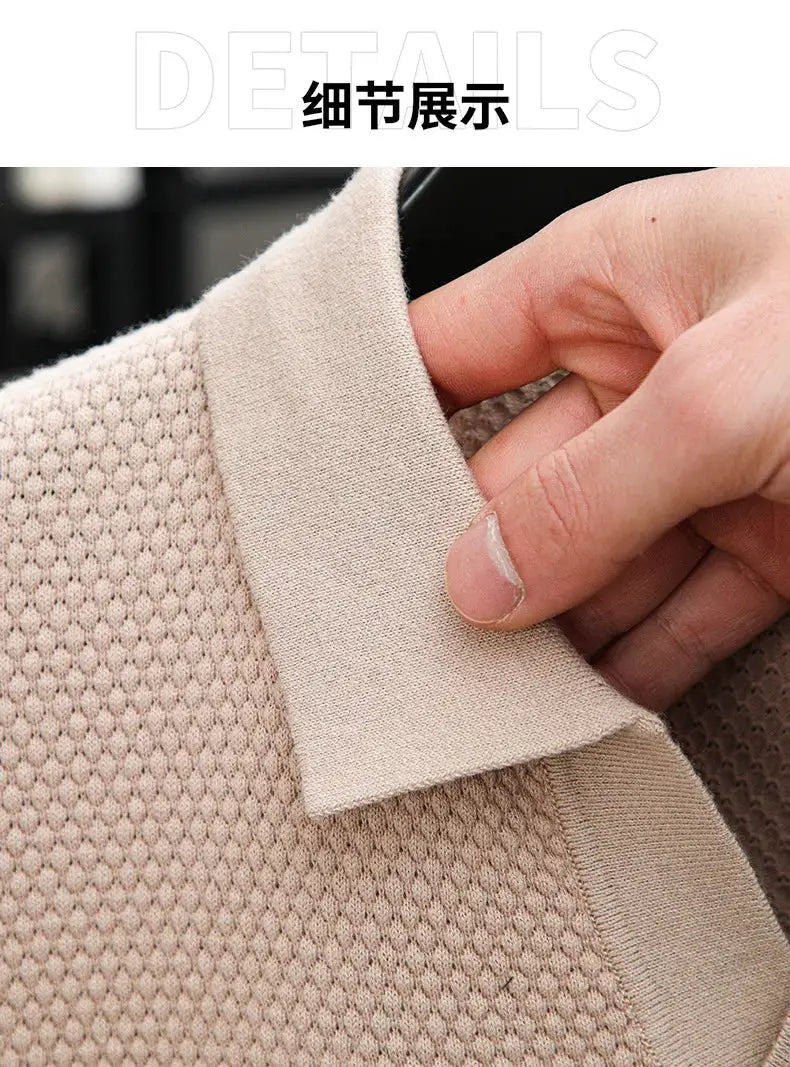 Beige men's short-sleeved polo shirt in 100% cotton, close-up of knitted fabric and ribbed collar