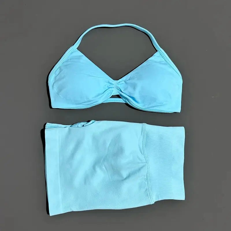 Histello 2 Piece Women Yoga Set Strappy Bra Top Scrunch Shorts