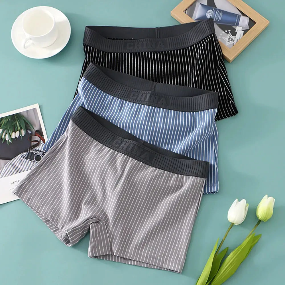 Simples Market 3-pack cotton striped women's boyshorts; black, blue, gray with elastic mid-rise waist