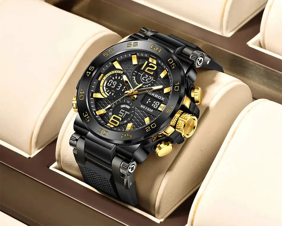 FOXBOX sport men's watch with black and gold-tone stainless steel band, large dial, chronograph