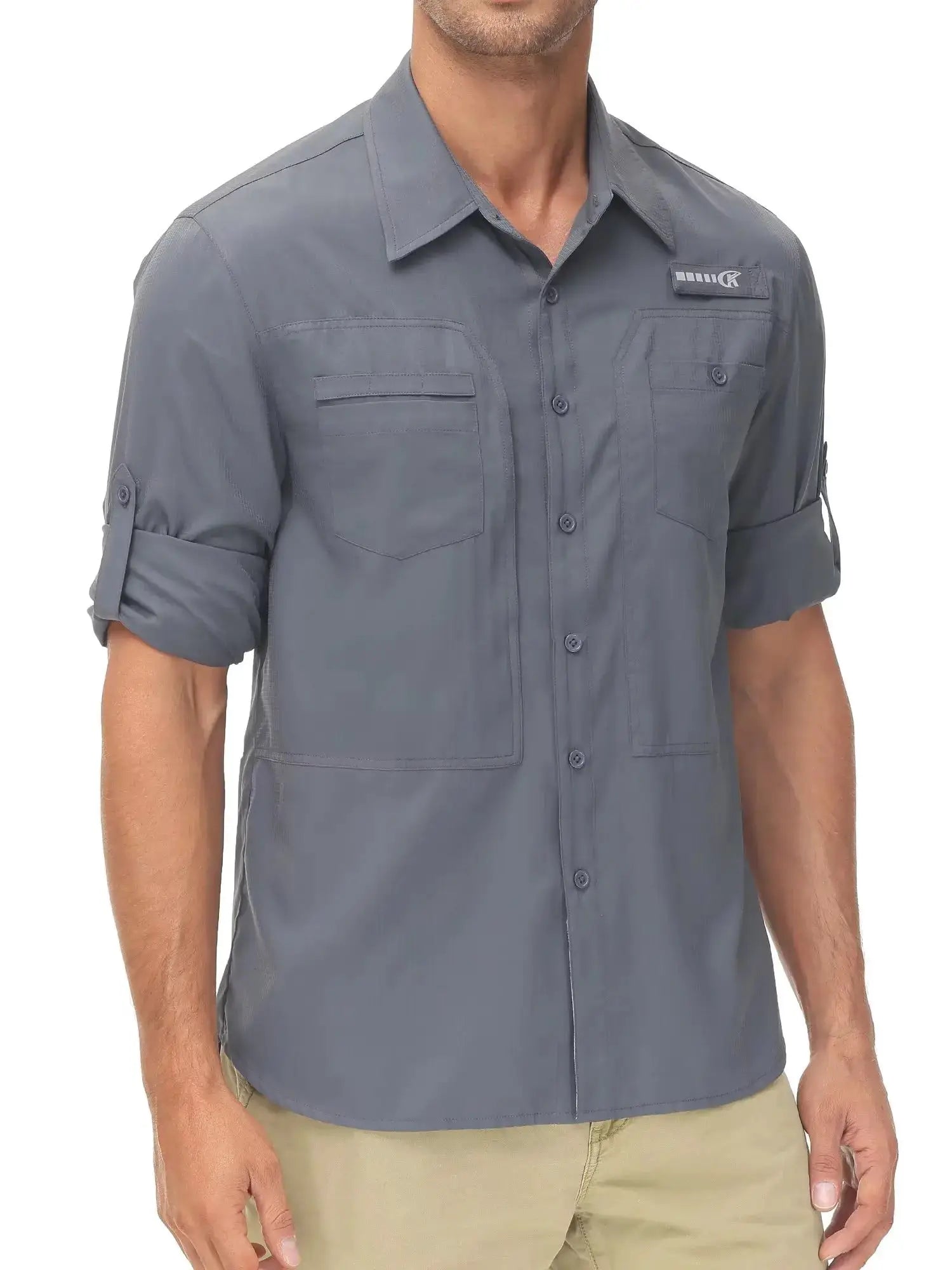 Simples Market men's gray long-sleeve fishing shirt, lightweight breathable, button-down with zip pocket.