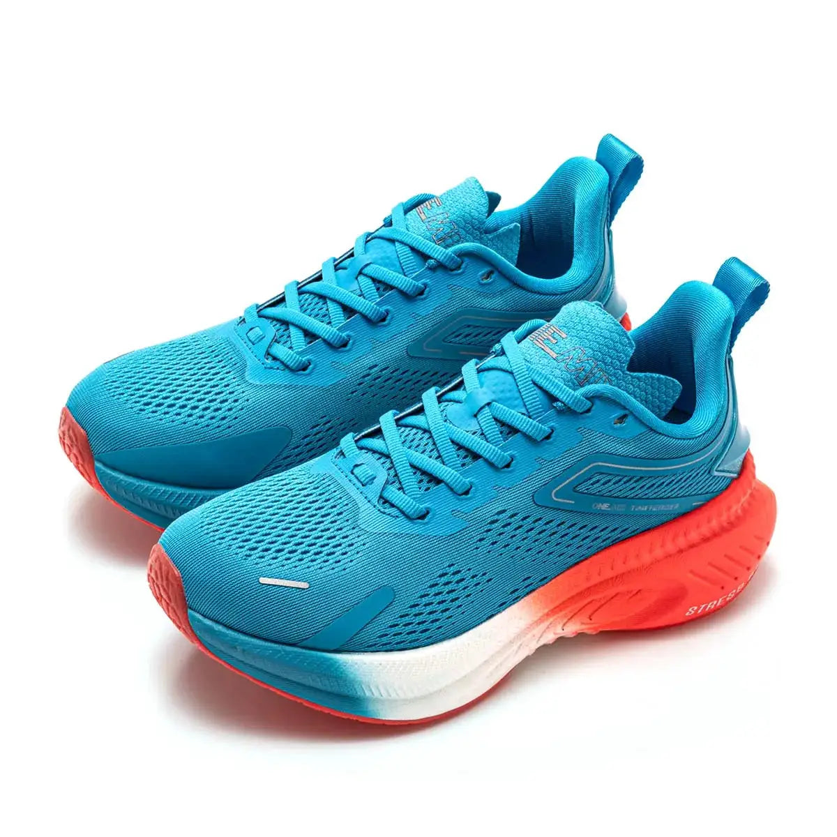 ONEMIX breathable mesh running shoes, blue with orange sole, a pair