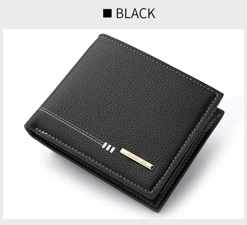 Men's black lychee-textured wallet by Simples Market with white stitching and gold plate