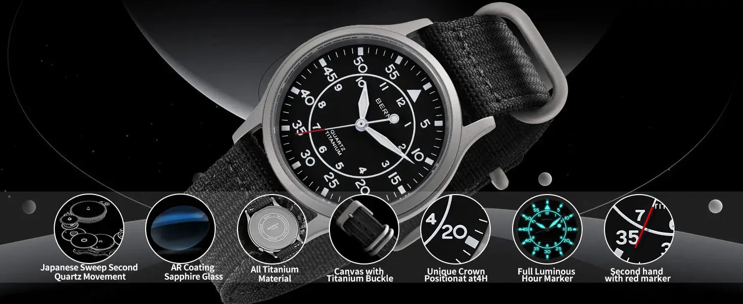 BERNY titanium men's watch with AR-coated sapphire glass and canvas strap