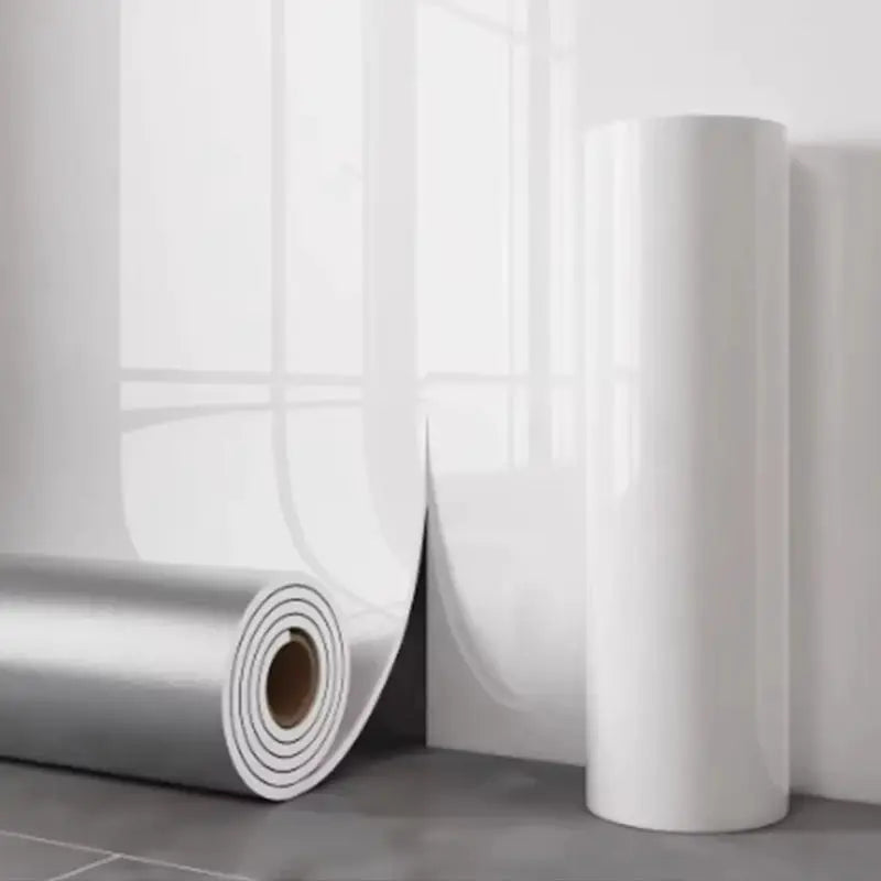 Marble thick-foam self-adhesive wallpaper roll, two white glossy rolls shown.