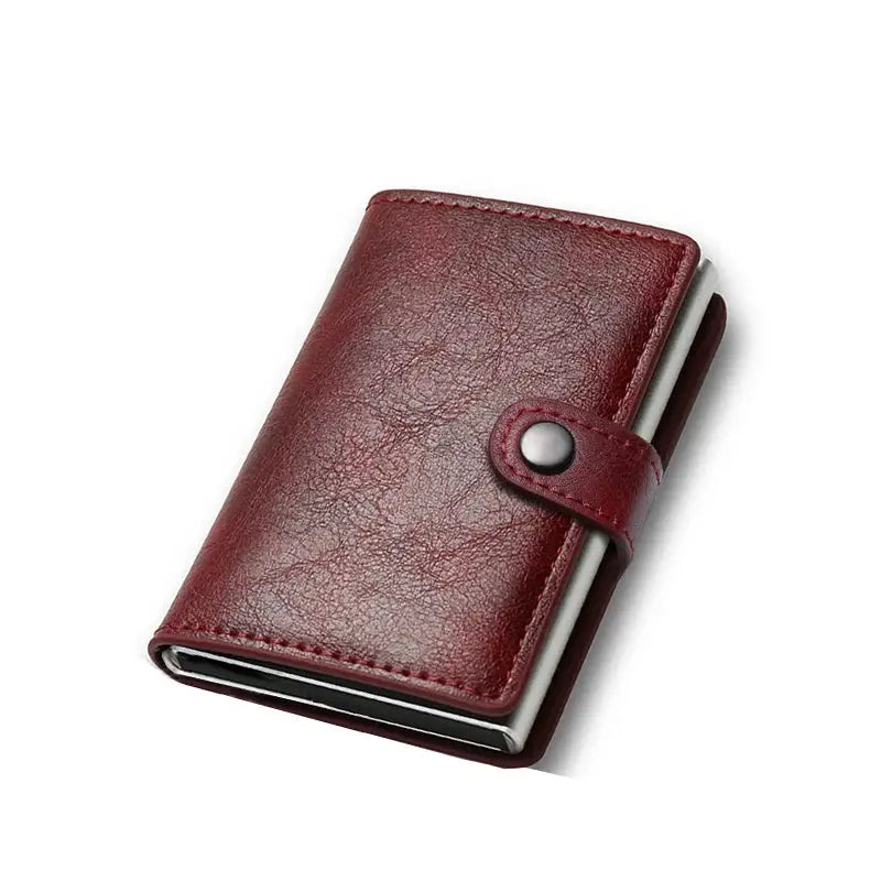 Simples Market burgundy leather minimalist card wallet with snap strap