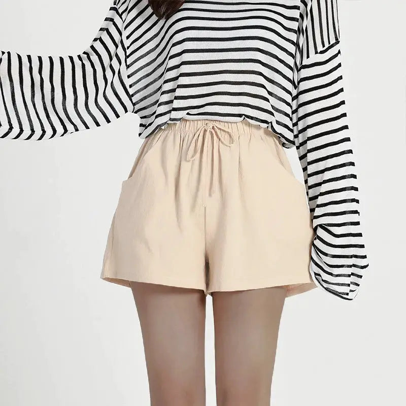 Women's casual linen shorts, high-waisted with drawstring, beige