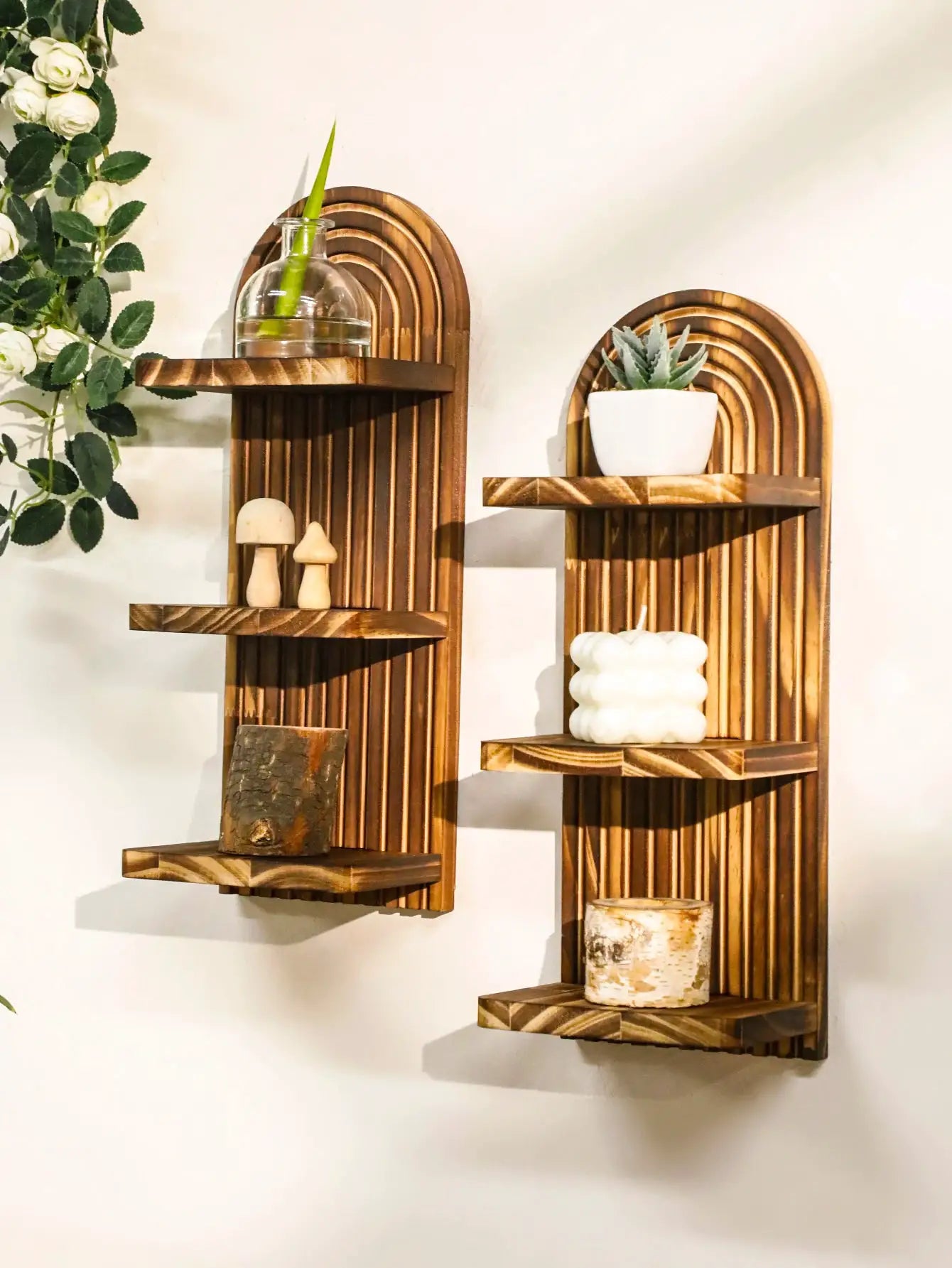 Boho style wooden wall shelves with geometric arches, natural finish by Simples Market; two-tier plant decor.