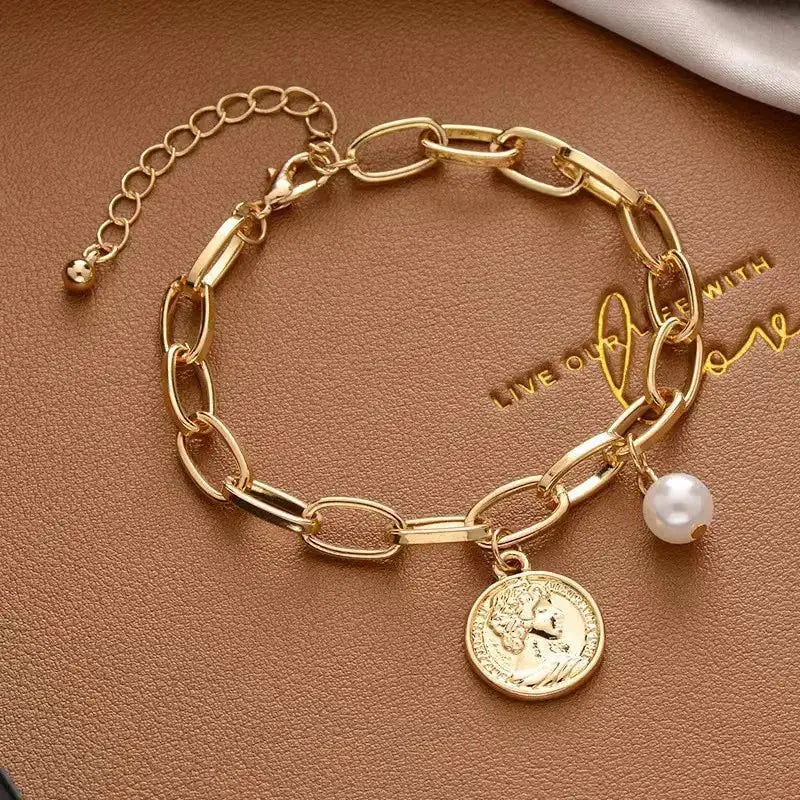 Gold Color Bracelet For Women Simple Style Thick Cross Chain With Love Human Head Cross Pearl Pendant