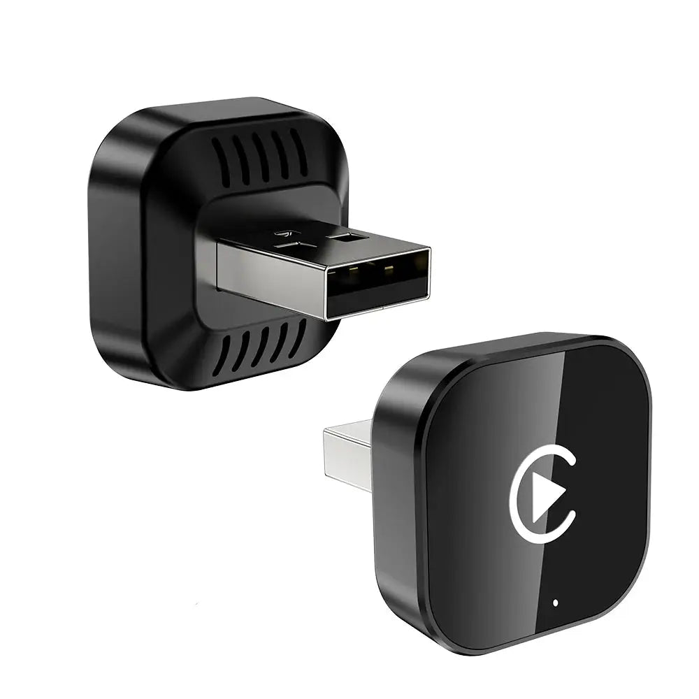 Two-piece black 2-in-1 wireless CarPlay/Android Auto adapter with USB plug and glossy square module