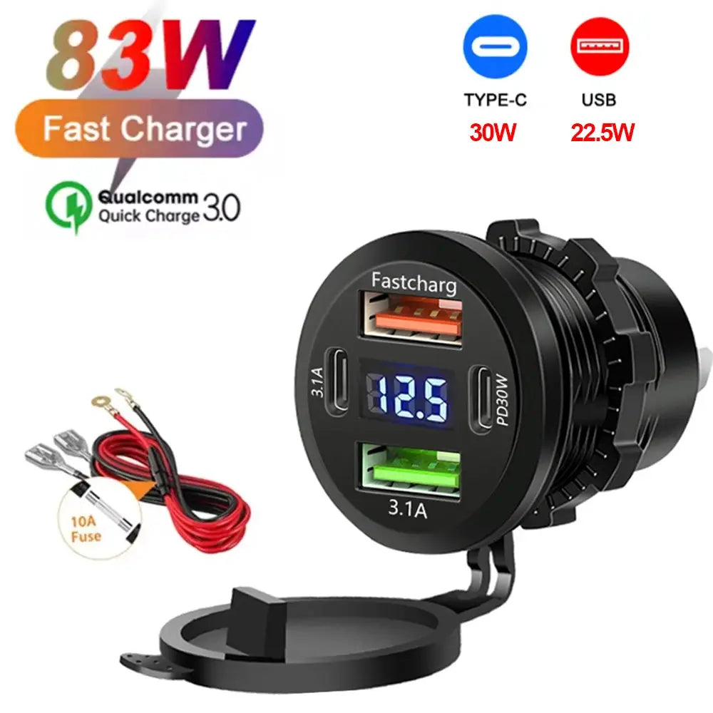 117W Dual PD USB Car Charger With Dual QC 3.0 Ports Voltmeter Waterproof 12V 24V Power Outlet For Car Boat