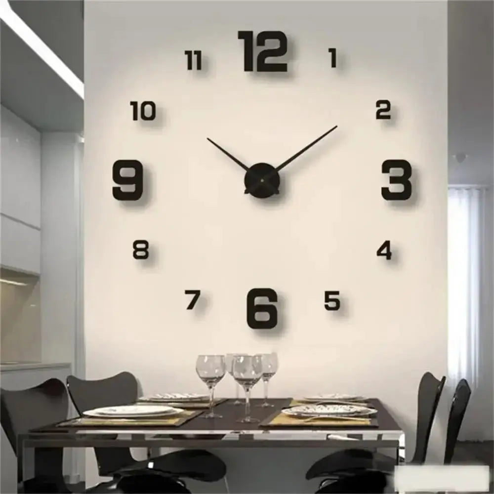 Digital wall clock with oversized black numerals on a white wall; modern minimalist dining room decor.