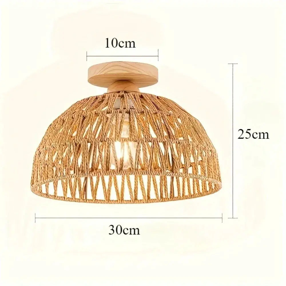Wicker ceiling lamp with natural hand-woven shade, 30cm diameter and 25cm height, wooden canopy