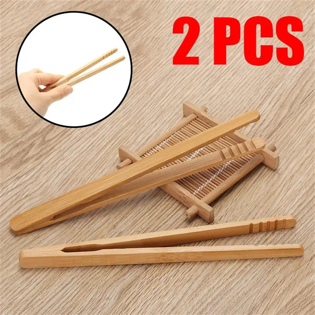 EcoBamboo 2 Pieces 18cm Bamboo Wood Tongs Set for Toast Salad Bacon Tea Kitchen Tools