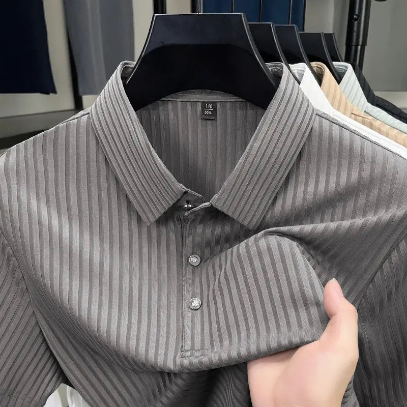 Simples Market men's striped grey polo shirt, breathable short-sleeve collared top