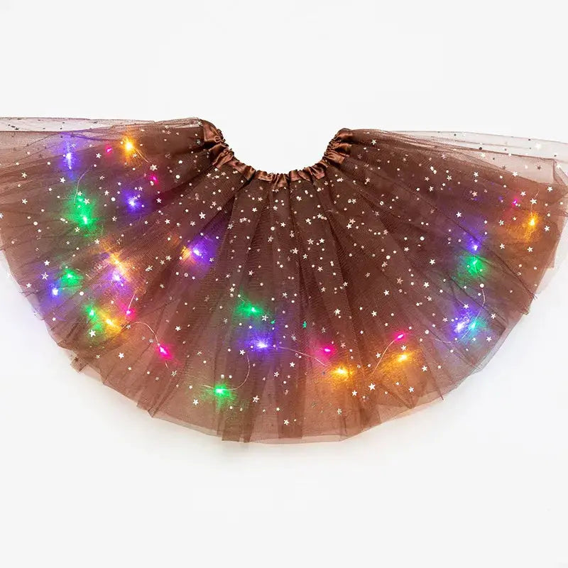 Simples Market LED glowing tulle star skirt for women, brown tutu with multicolor LEDs and white stars