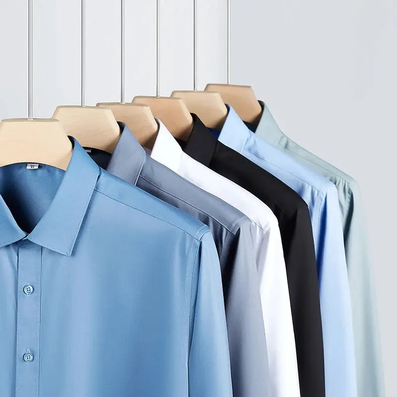 Men's wrinkle-resistant solid-color long-sleeve dress shirts by Simples Market in assorted colors