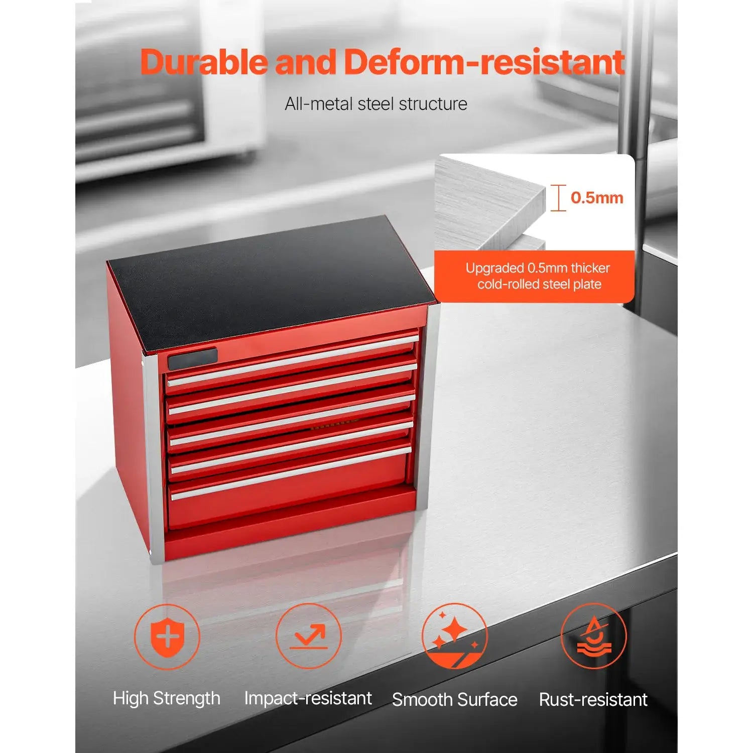 5-drawer metal tool chest red with black top, portable for garage/workshop storage