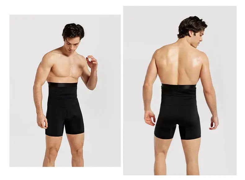 Men's high-waist tummy-control shapewear shorts in black, compression boxer briefs, front and back views