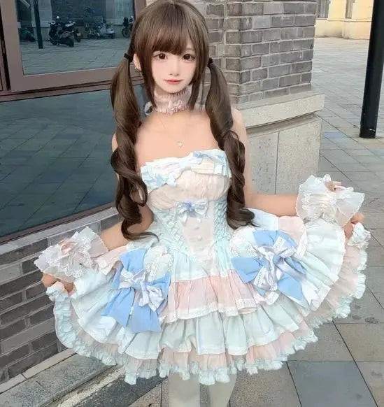 Girls Birthday Lolita Dress Tube Top Satin Bowknot Pettiskirt Mini