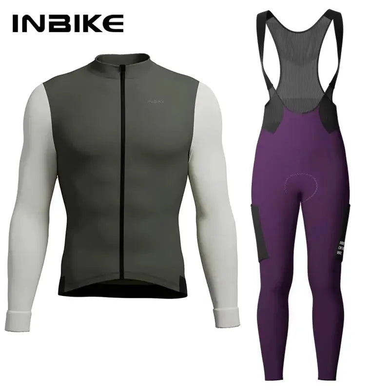 INBIKE men's winter cycling set: gray fleece long-sleeve jersey with white sleeves and purple bib tights