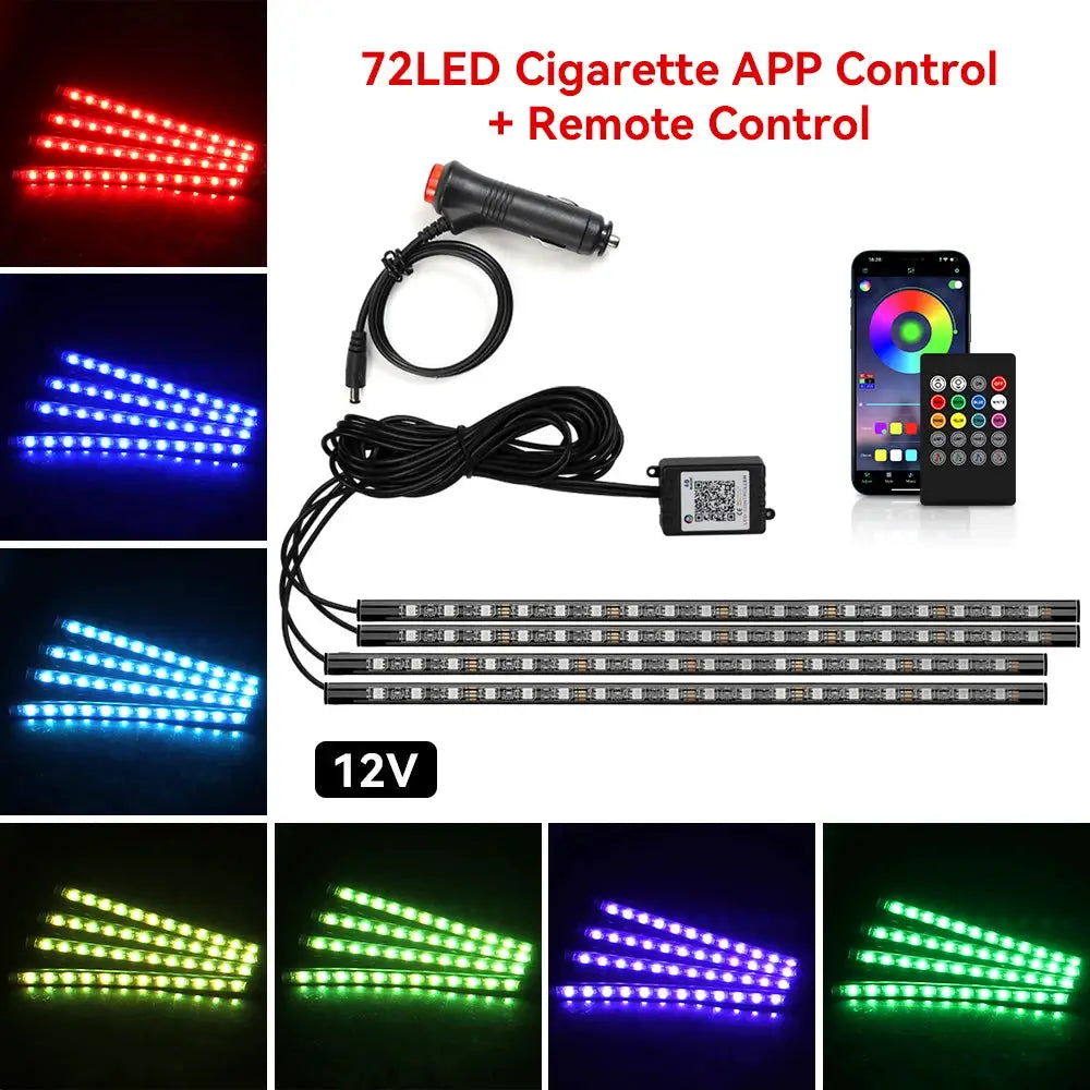 Neon 36 48 72 LED Car Interior Ambient Foot Light Kit RGB With Remote App And Music Sync Control