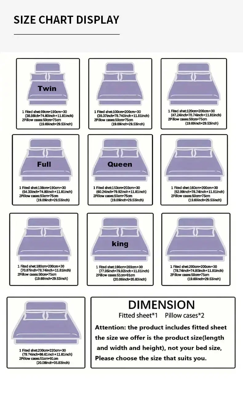 Simples Market marble-print fitted sheet set size chart with nine bed sizes (Twin–King) and dimensions