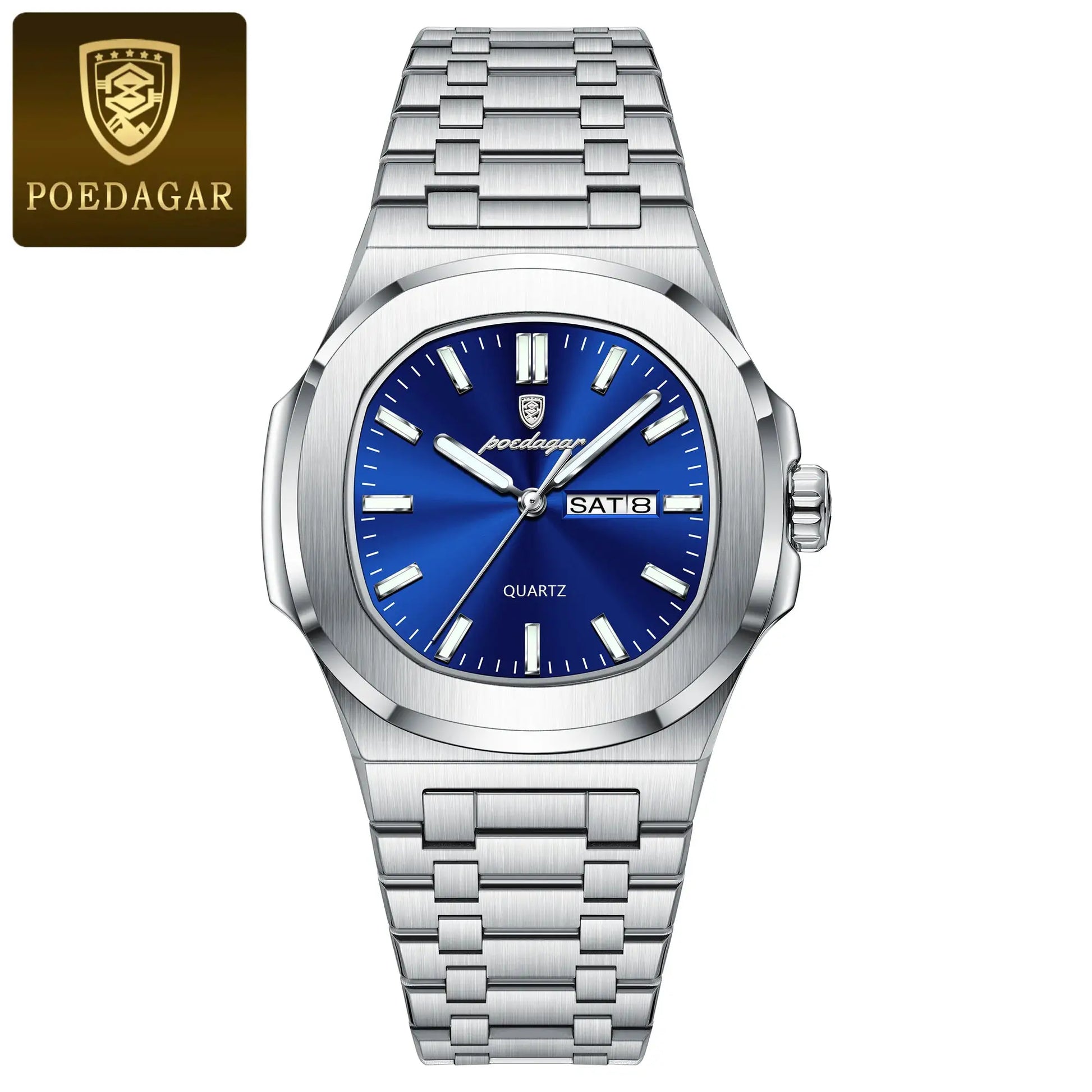 POEDAGAR luxury square men's watch with stainless steel bracelet, blue dial, date window, quartz
