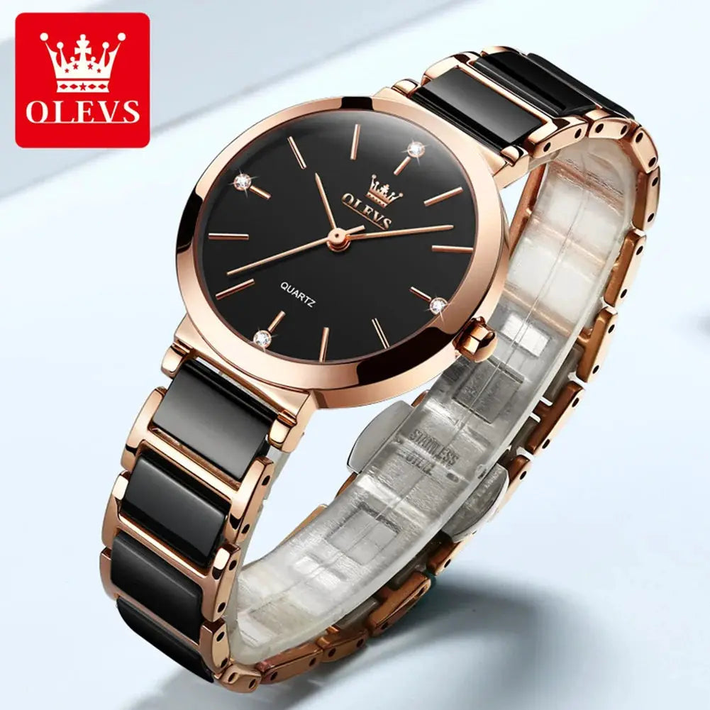 OLEVS women's quartz wristwatch with rose-gold case and black ceramic strap, black dial with crystal markers