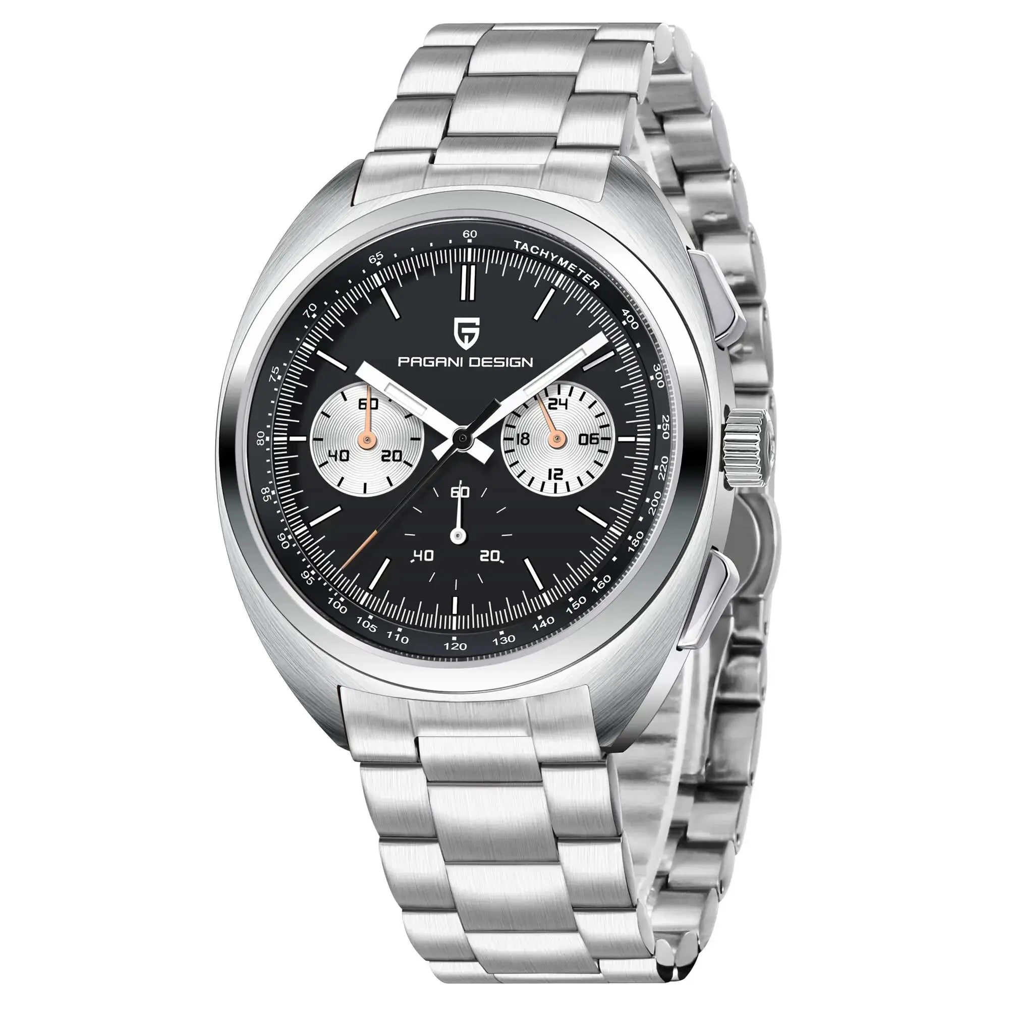 PAGANI DESIGN men's stainless steel bracelet chronograph quartz watch with black panda dial and tachymeter bezel