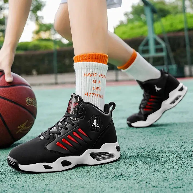 Men's black high-top basketball shoes with red side accents and white sole, Simples Market
