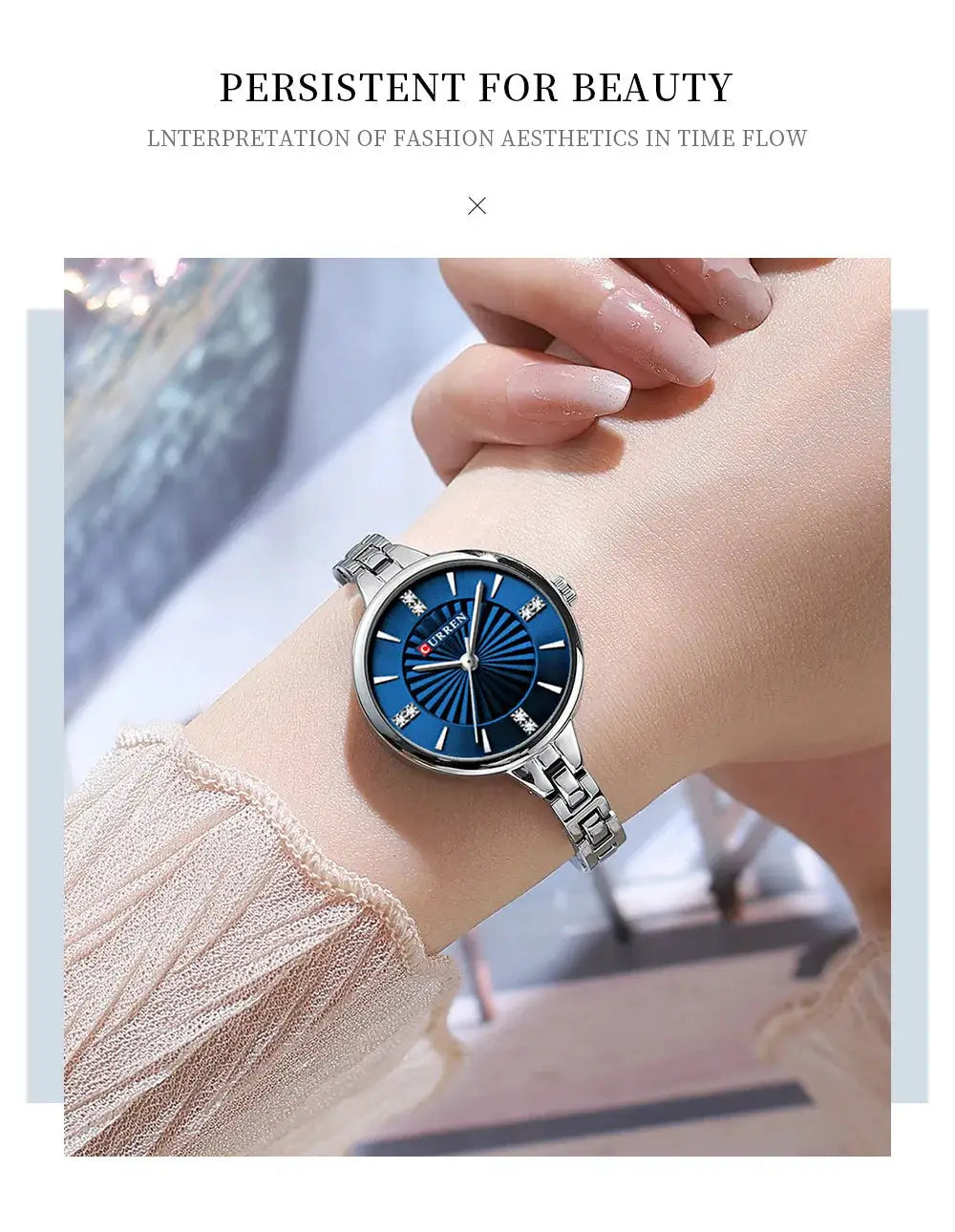 CURREN women's quartz watch with blue dial and stainless steel strap.
