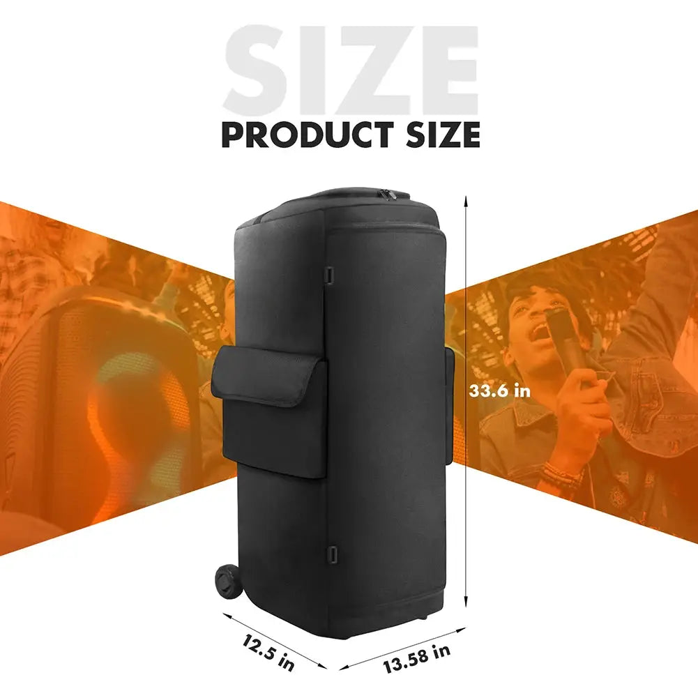 Portable speaker dust case with mic pocket for JBL PartyBox 310/320/520/710, black wheeled carry bag with side pockets.