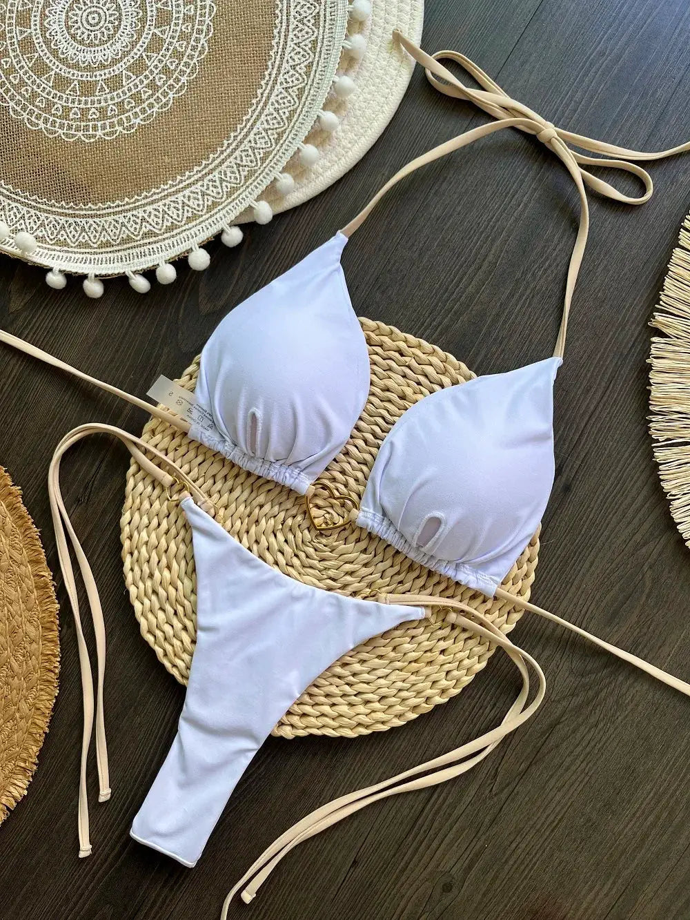 RUOTONSEPT sexy halter bikini set, light blue solid two-piece with beige straps by Simples Market