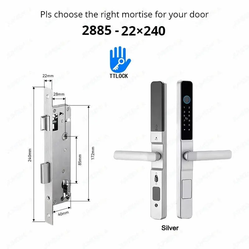Sliding door smart lock TTLock by Simples Market, silver aluminum with keypad and fingerprint reader, 2 units